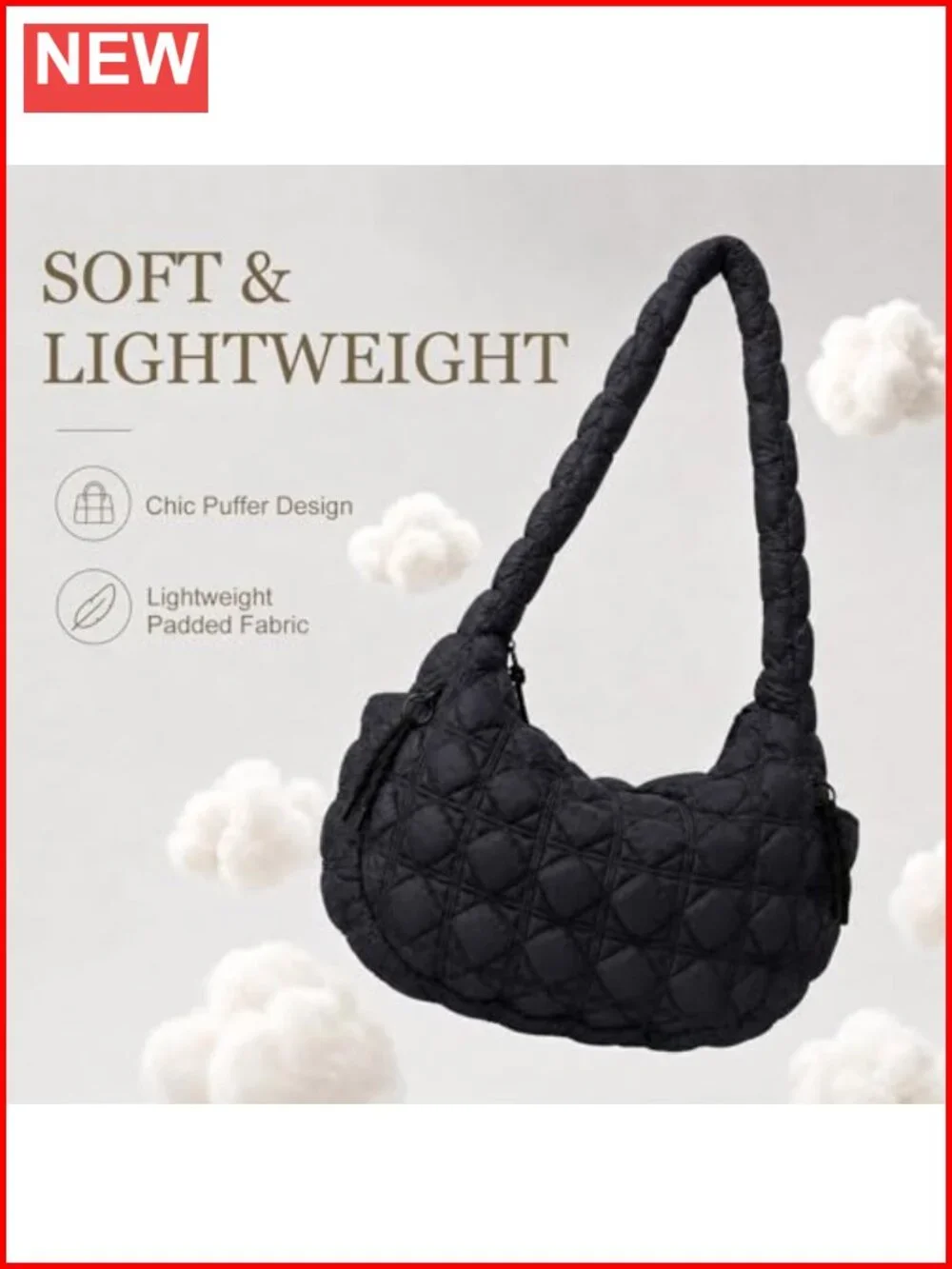 Large Quilted Puffer Tote Bag Nylon Crossbody Shoulder Bag Lightweight